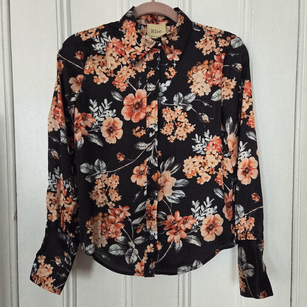 Elie Tahari Black Button-Down Shirt with Orange Floral Print